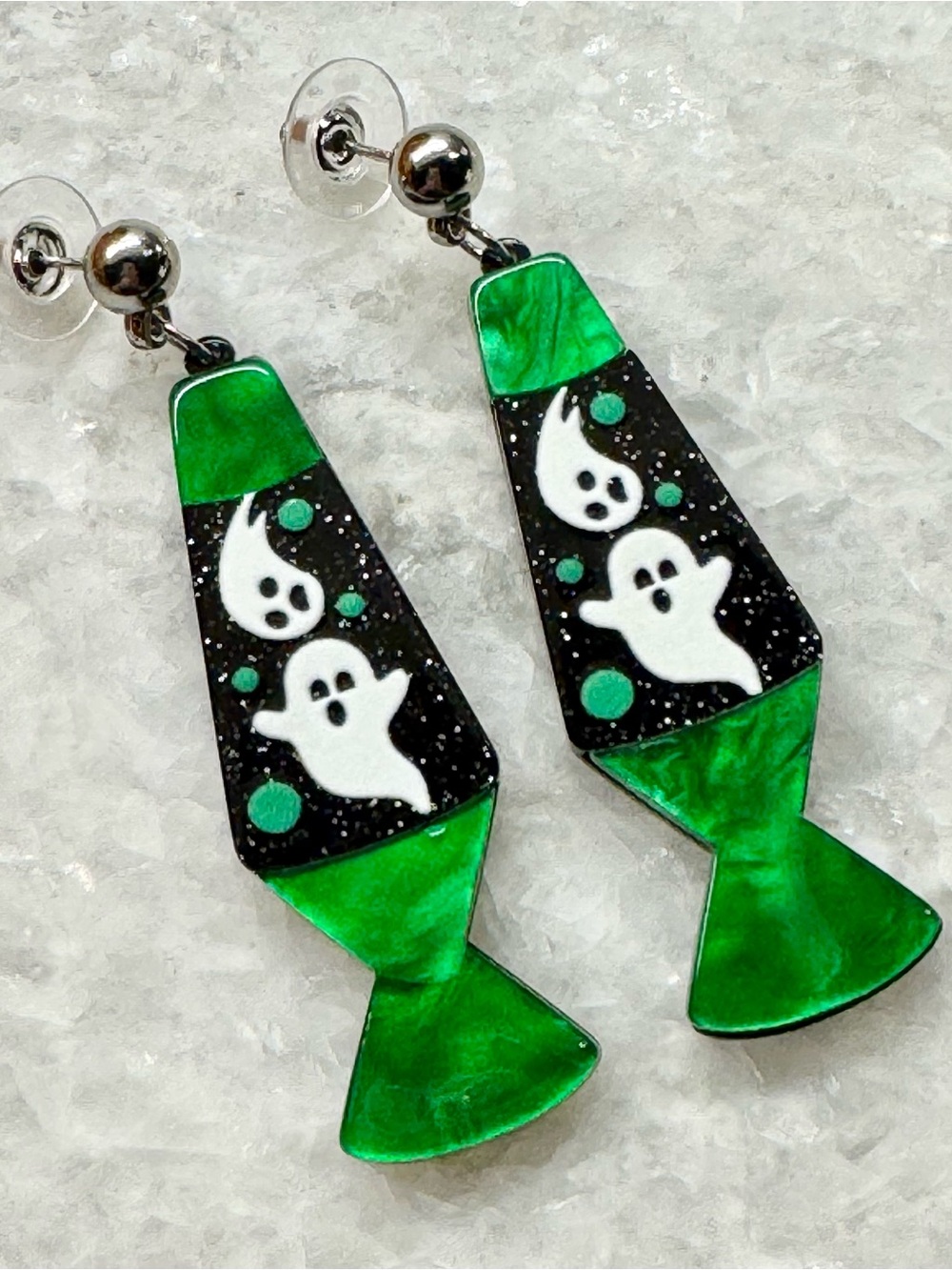 New Halloween Ghost Lava Lamp Green & Black Acrylic Dangle Earrings - 2.25”